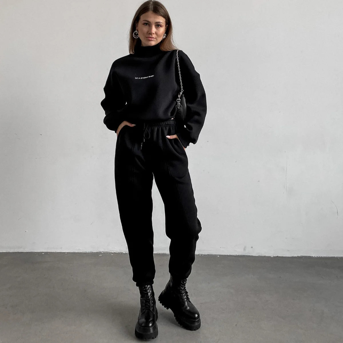 Sweatshirt  pant Women Letter Print Two Piece Set Casual Loose Suit High Waist Trousers Turtleneck Autumn Sweatpants Suits 2025