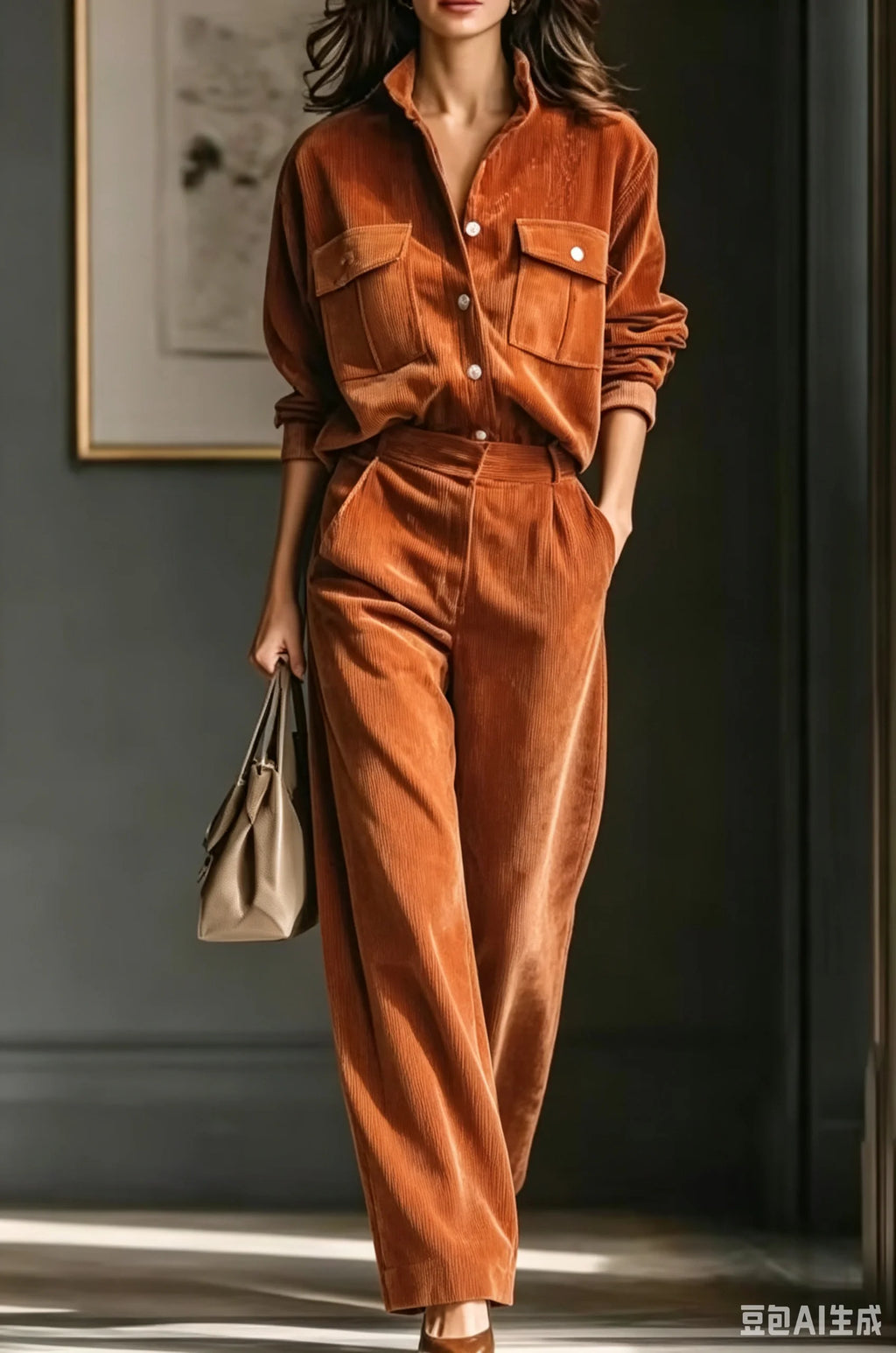 Women's Solid Color Casual Two-piece Set Autumn Retro Fashion Pocket Corduroy Long-sleeved Shirt Wide-leg Pants Commuting Sets