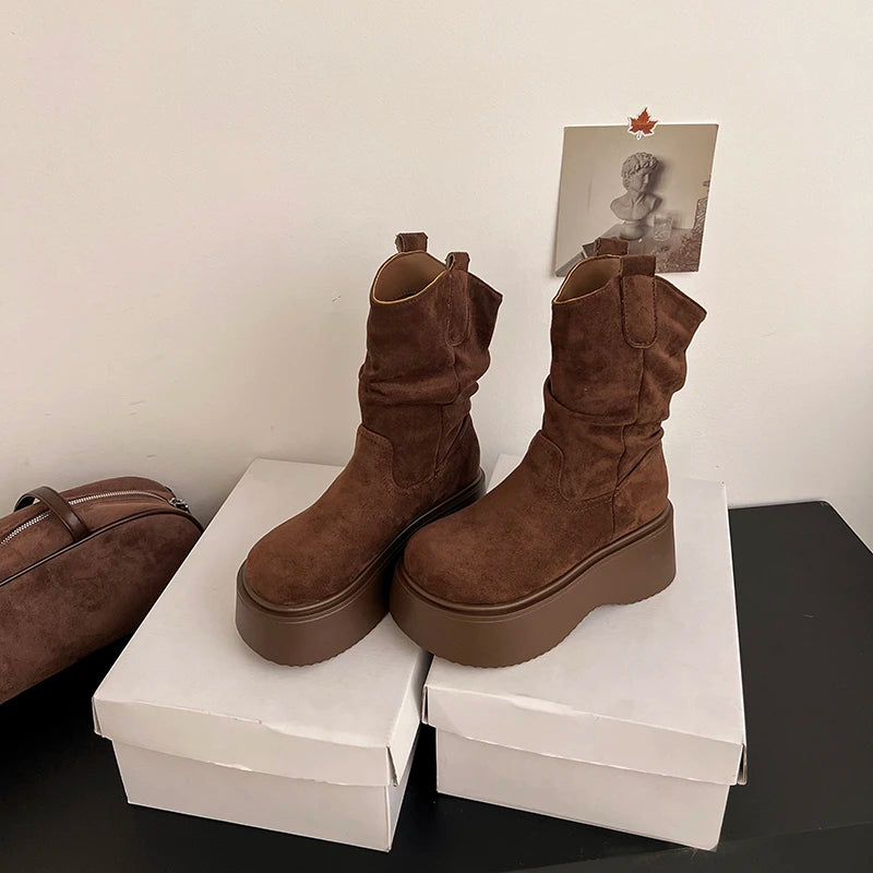 Chunky Platform Thick Sole Woman Ankle Boots Design Round Toe Slip On Shoes  2025 Autumn Winter Short Botas Para Mujer