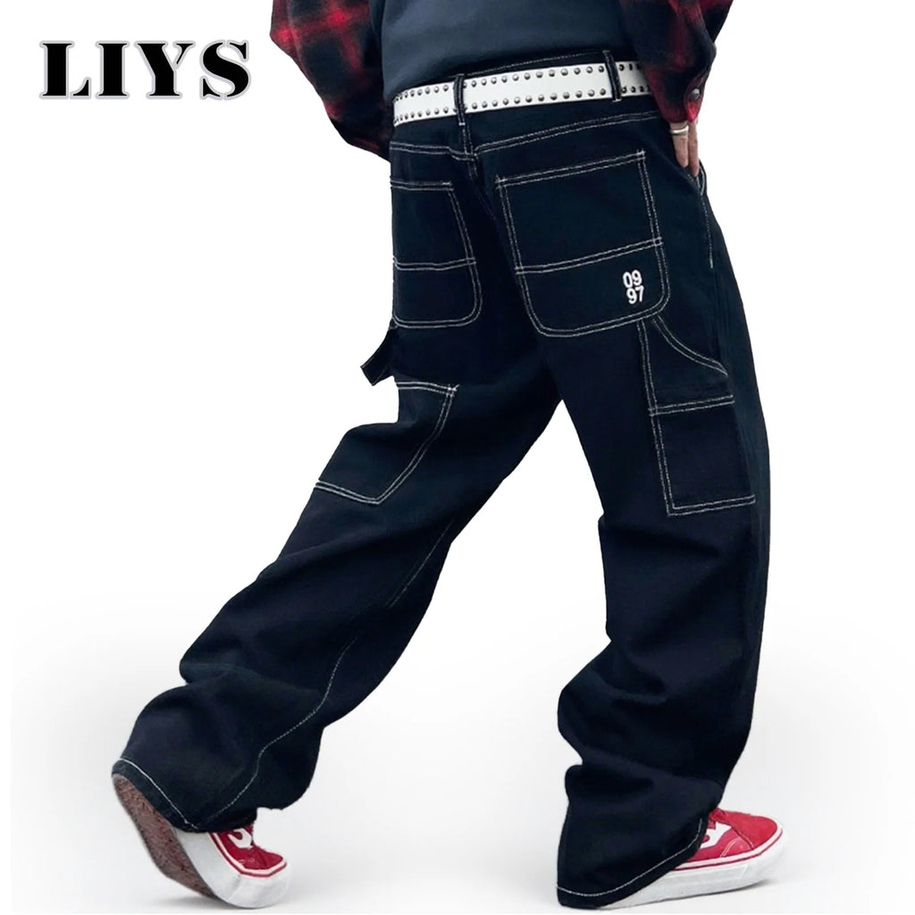 Liys Retro Black Fashion Work Jeans Men Casual Straight-Leg Classic Work Denim Trousers Korean Brand Pant Men's Summer Pants