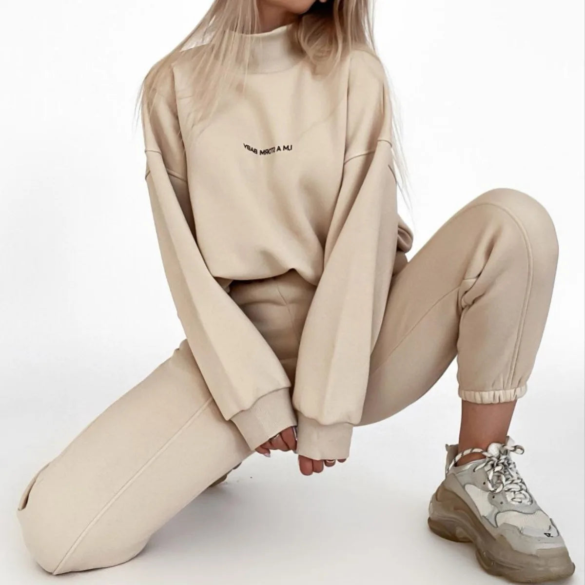Sweatshirt  pant Women Letter Print Two Piece Set Casual Loose Suit High Waist Trousers Turtleneck Autumn Sweatpants Suits 2025