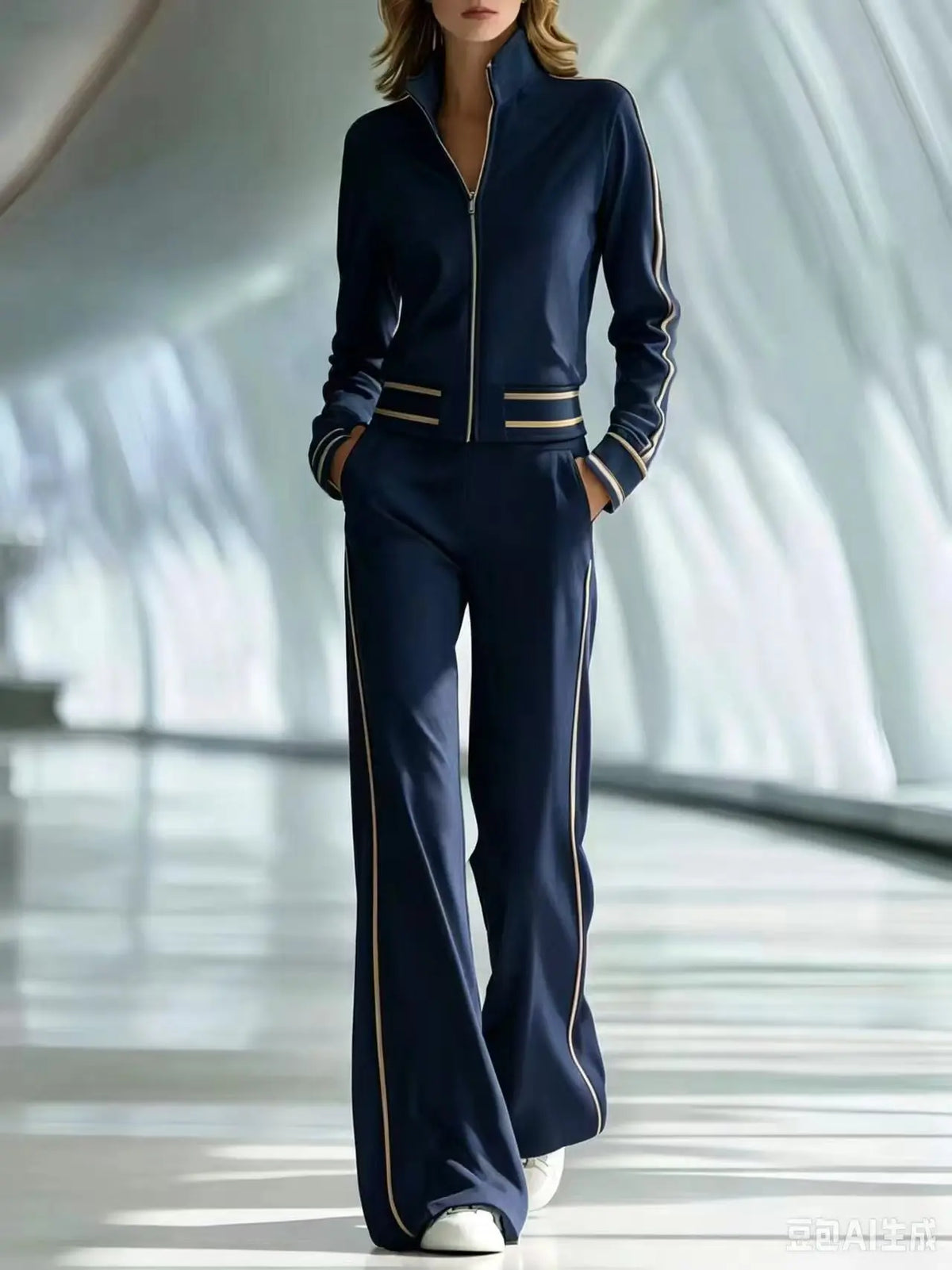 Fall Pocket 2-Piece Suit Women's Retro Stripes Zip Bomber Jacket+High Waist Women's Wide Leg Pants Set Street Sportswear Outfits