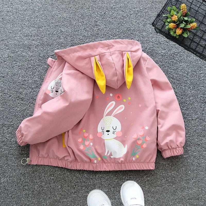 1 2 3 4 5 6 Years Baby Girls Jacket Cute Cartoon Animals Spring Autumn Boy Windbreaker Coat Hooded Zipper Outerwear Kids Clothes