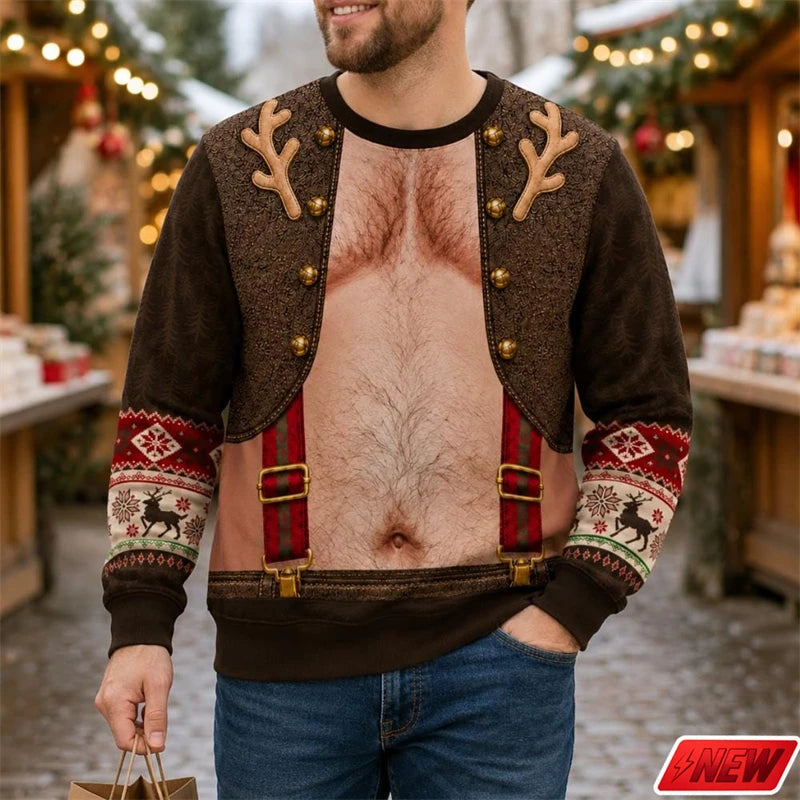 Xmas Sweatshirt Men Funny Cosplay 3D Print Fake Sweater Knit Reindeer Snowflake Pattern Festive Gift New Long Sleeve Sweatshirt