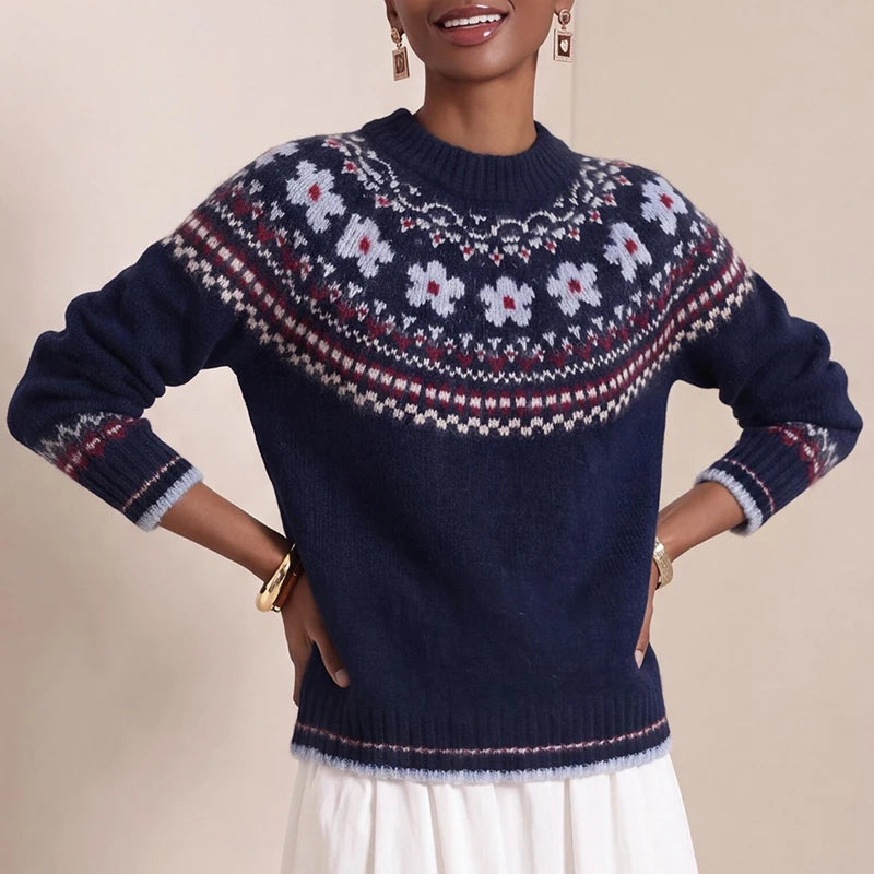 2026 Fashion Christmas Sweaters Female O Neck Jacquard Loose Knitted Sweater Autumn Winter Soft Warm Long Sleeved Sweater Top