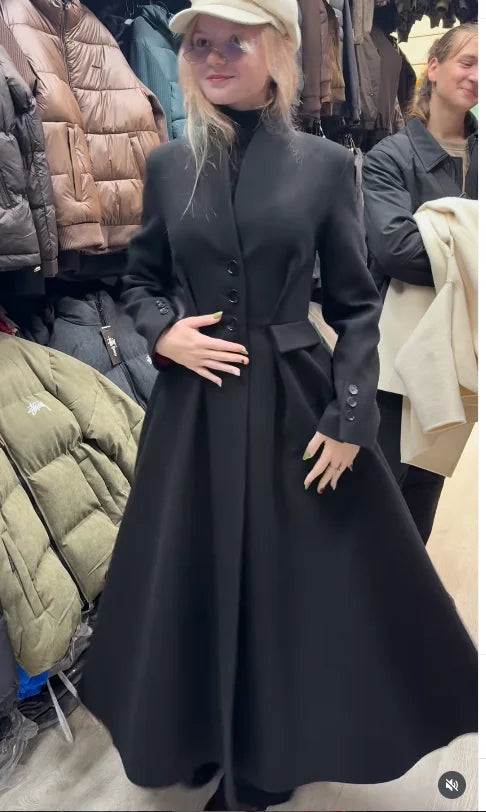 Women Long Fitted Waist Faux Wool Blend Coat Long Sleeve Single Breasted A Line Swing Hem Overcoats 2026 Winter Vintage Coats