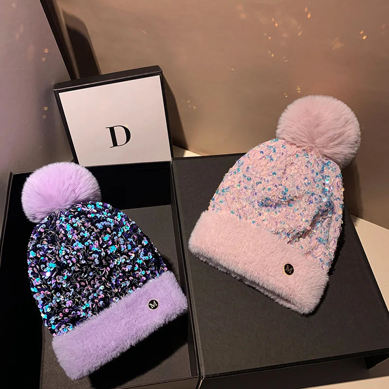 Winter Warm Knitted Hat Autumn/Winter Korean Versatile Glitter Sweet and Cute Dome Ear Protector Knitted Hat