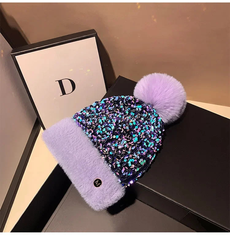 Winter Warm Knitted Hat Autumn/Winter Korean Versatile Glitter Sweet and Cute Dome Ear Protector Knitted Hat