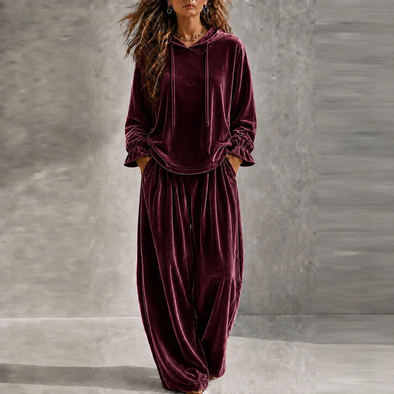 Autumn Winter Long Sleeve Velvet Hoodies Sweatshirt High Waist Pocket Pants Suit Women Casual Two Piece Set Female Tracksuit
