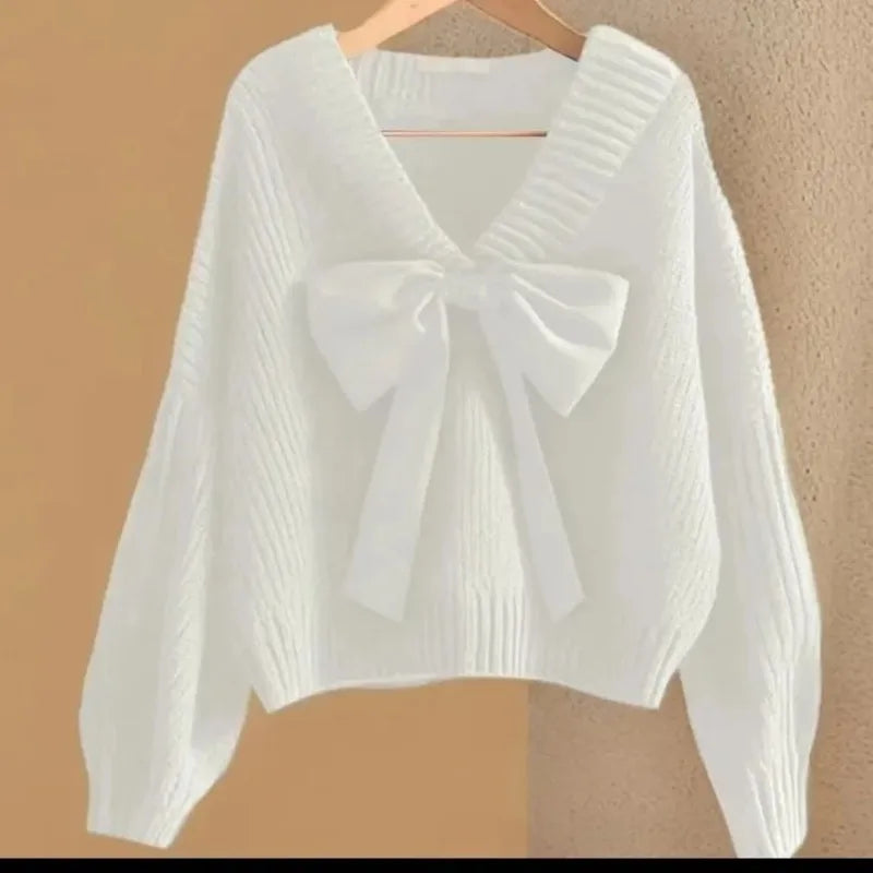 Big Bow Knitwear Sweater Pullover for Women Patchwork Red Christmas V-neck Batwing Sleeve Pullover Female Knit Elegant Pullove