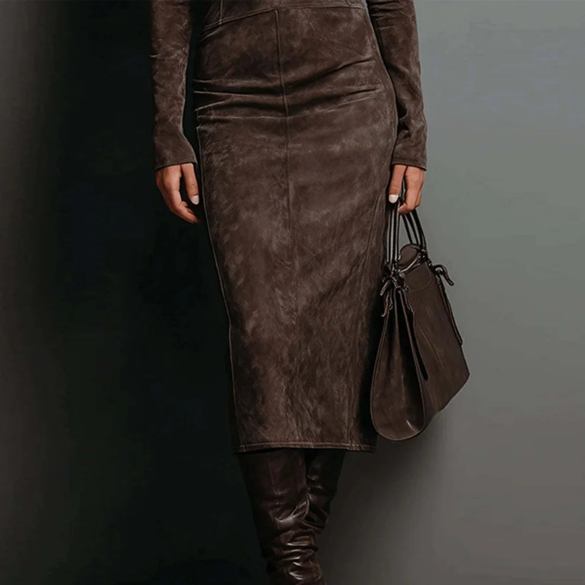 Hip Wrap Folds Collar Dress Spring Long Sleeved Half High O-Neck Collar Dresses Shin Retro Style Elegant Office Mid-Calf Robes