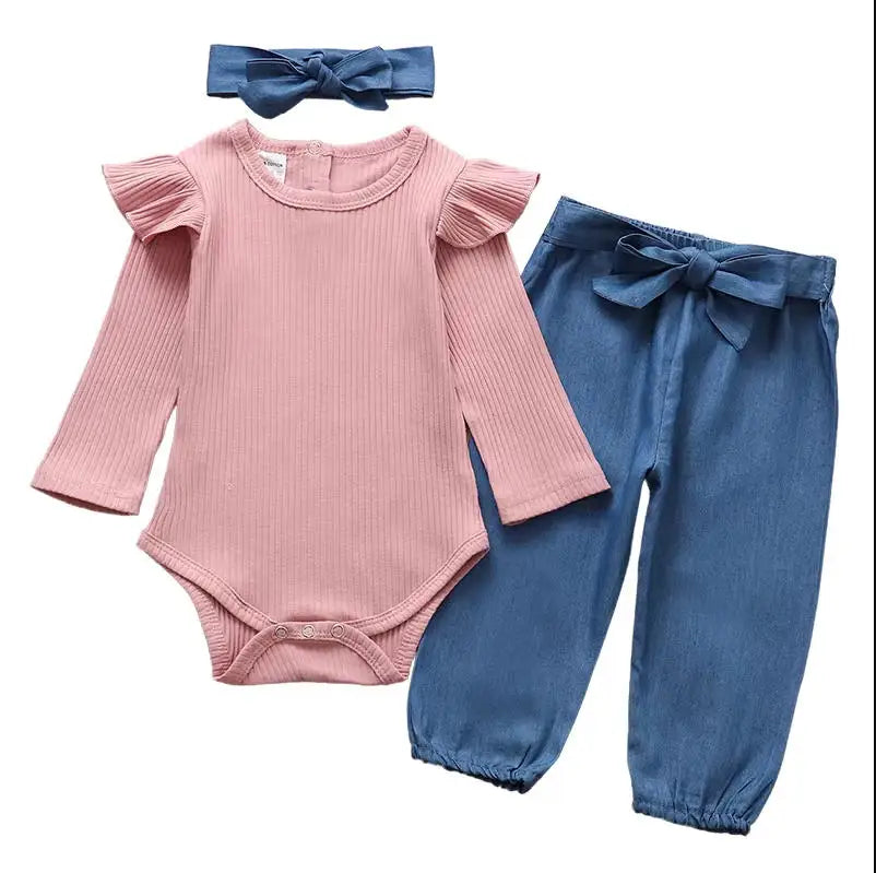 Baby Girl Newborn Clothes Set Fashion Autumn Toddler Outfit Solid Color Romper Pants Headband Little New Born Infant Clothing
