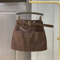 High waisted leather  half body women's autumn  winter new A-line  retro PU leather short skirt, coffee  leather skirt