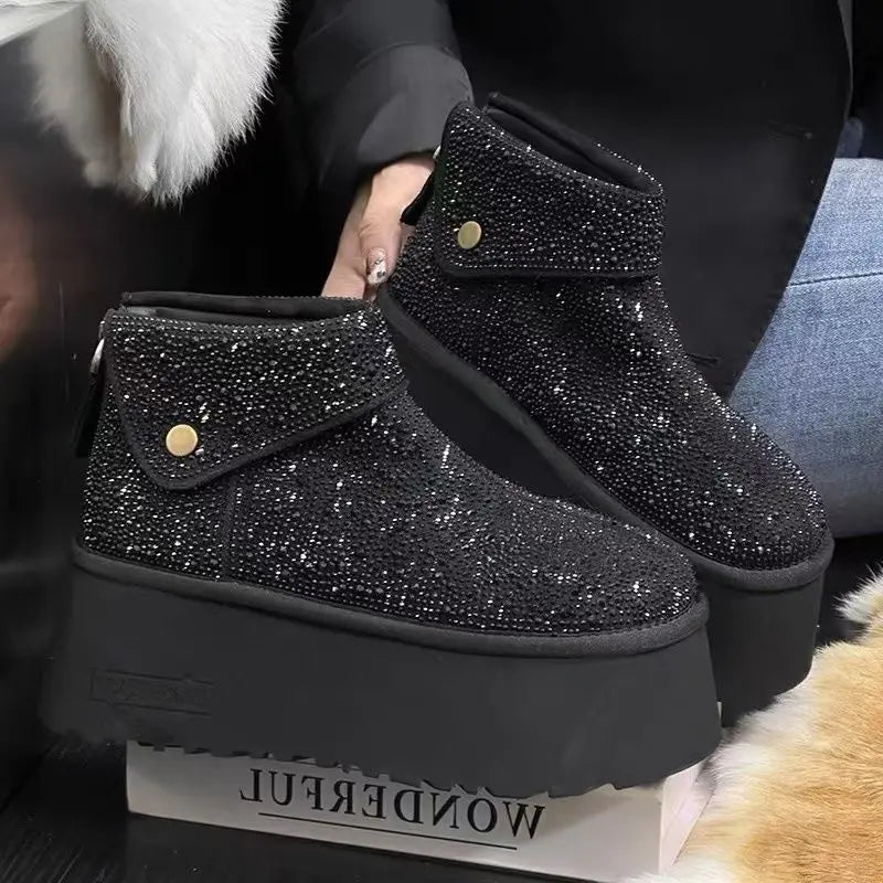 Women's Winter Boots Design Fashion Rhinestone Lapel Suede Brown Ankle Boots Plush Platform Non-slip Casual Winter Shoes Woman