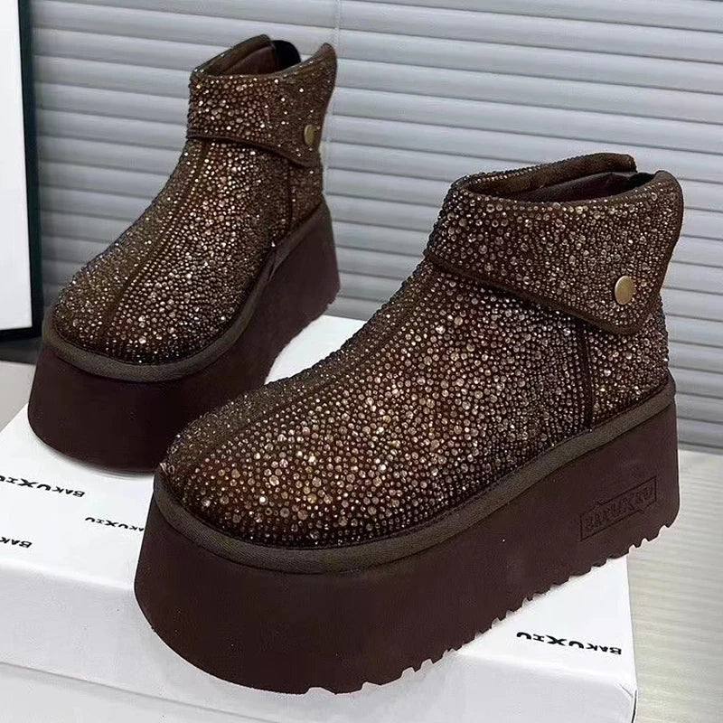 Women's Winter Boots Design Fashion Rhinestone Lapel Suede Brown Ankle Boots Plush Platform Non-slip Casual Winter Shoes Woman