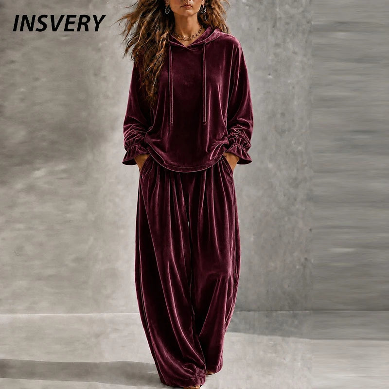 Autumn Winter Long Sleeve Velvet Hoodies Sweatshirt High Waist Pocket Pants Suit Women Casual Two Piece Set Female Tracksuit
