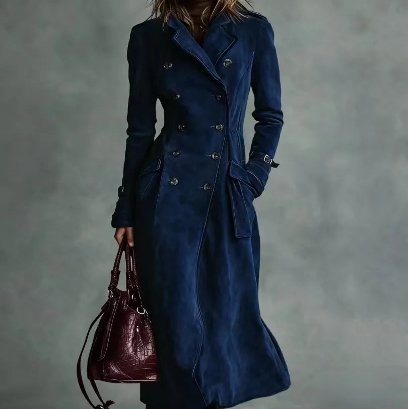 Women's Fashion Lapel Collar Pockets Long Jackets Elegant Buttons Solid Velvet Outercoats Vintage Long Sleeve Windbreaker Coats