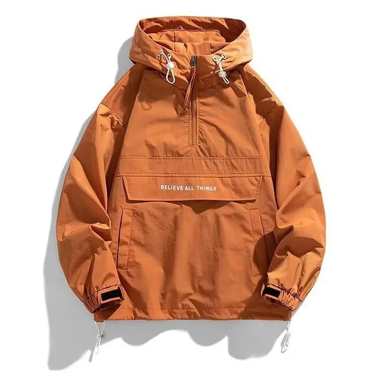 Hooded Pullover Jacket Men's Casual Windbreaker Jacket with Multiple Pockets Outdoor Sports Jacket Half Zip Hooded Hard Shell
