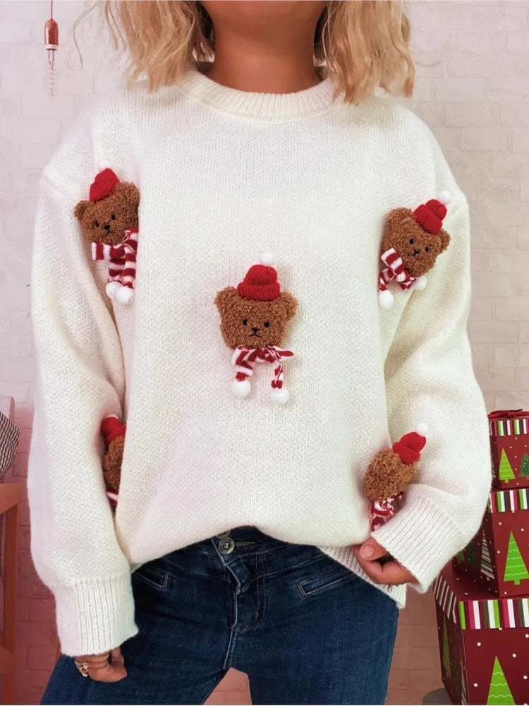 Christmas Sweet Three-dimensional Bear Sweater Autumn Winter Round-neck Warm Casual Long-sleeved Sweater Women's Versatile Tops