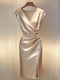 Women'S New V-Neck Short Sleeve Pleated Waist Button-Decorated Side Slit Fitted Dress Satin Dress Elegant Women'S Dress Champagn