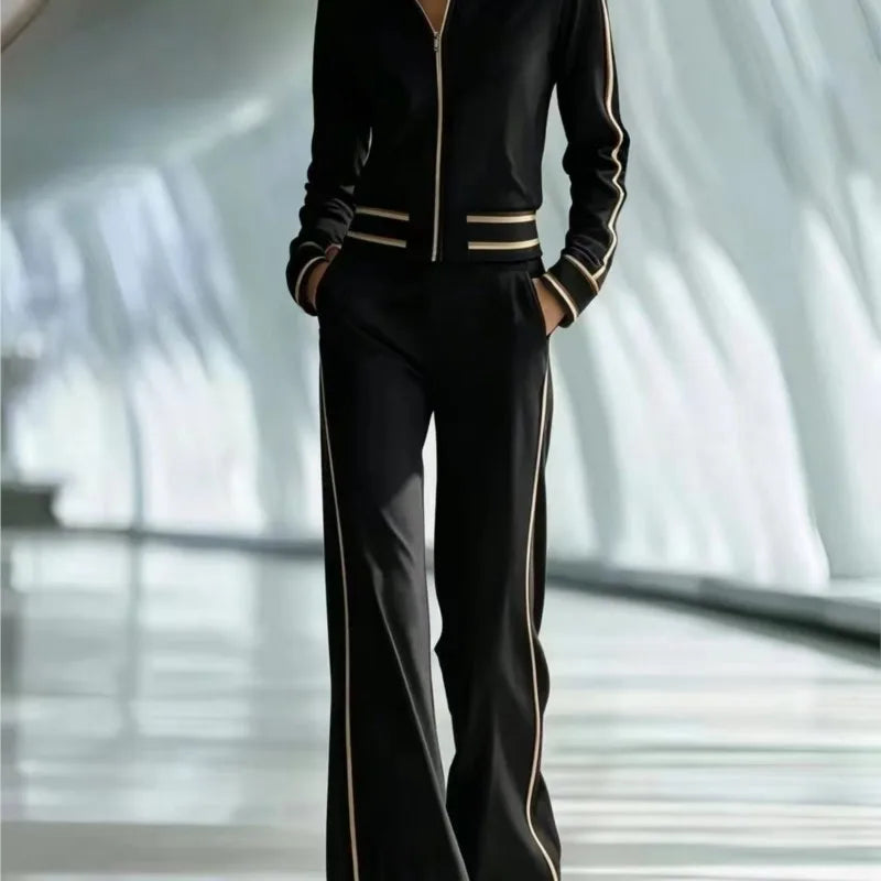 Fall Pocket 2-Piece Suit Women's Retro Stripes Zip Bomber Jacket+High Waist Women's Wide Leg Pants Set Street Sportswear Outfits