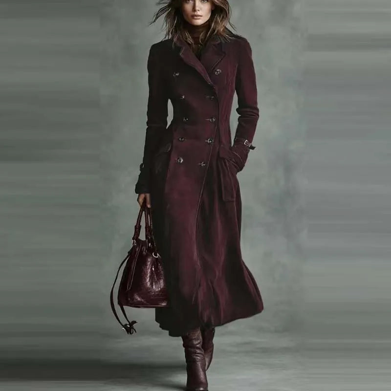 Women's Fashion Lapel Collar Pockets Long Jackets Elegant Buttons Solid Velvet Outercoats Vintage Long Sleeve Windbreaker Coats