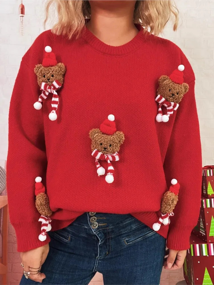 Christmas Sweet Three-dimensional Bear Sweater Autumn Winter Round-neck Warm Casual Long-sleeved Sweater Women's Versatile Tops