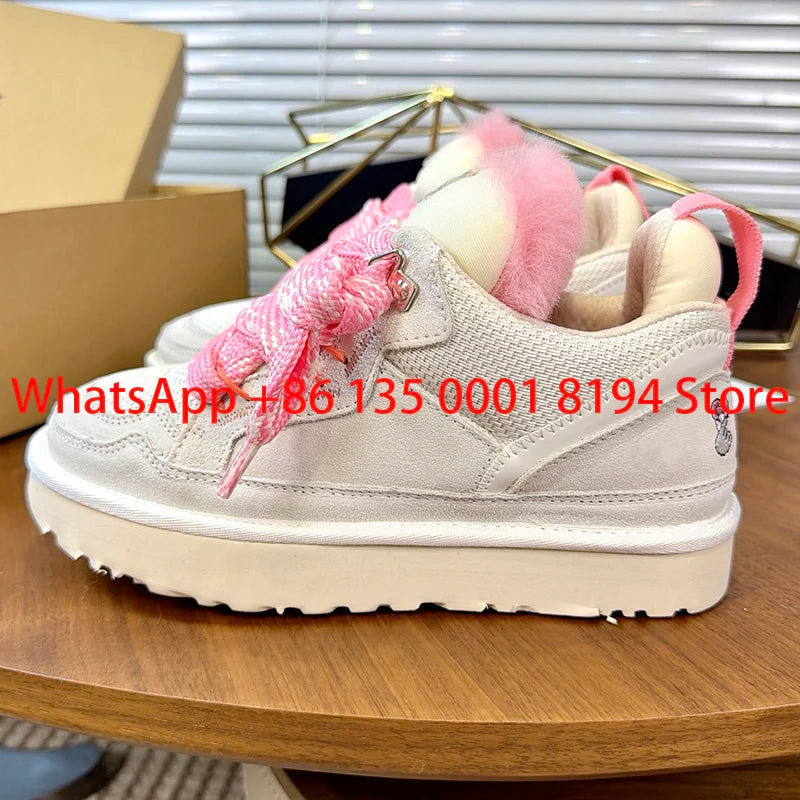 Lowmel Sneakers 2026 New Winter Warm Wool Women's Boots Fashionable Flat Bottom Genuine Leather and Fur Snow Boots