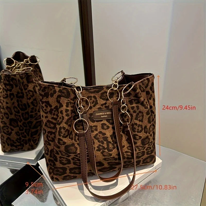 Vintage Leopard Print Handbag Stylish Brown PU Tote Shoulder Bag, Perfect for Women Shopping, Commuting, Office, College, Travel