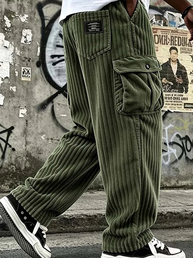 New Cargo Pants for Men Retro Style Men's Corduroy Cargo Pants with Multiple Pockets Mid-rise Solid Color Trousers for Wear Long