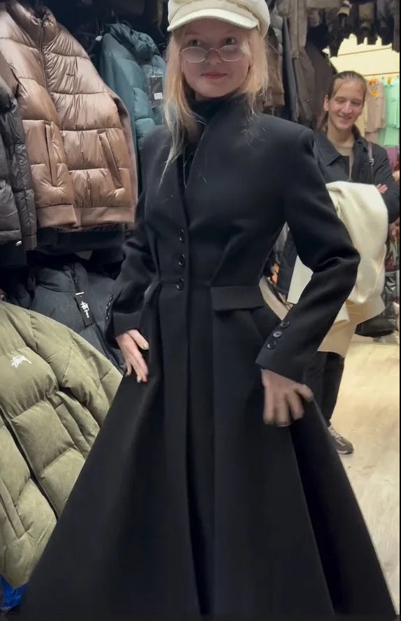 Women Long Fitted Waist Faux Wool Blend Coat Long Sleeve Single Breasted A Line Swing Hem Overcoats 2026 Winter Vintage Coats
