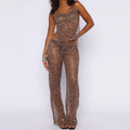 Elegant Sleeveless Split Sling Top & Long Pant Set Women Fashion Sequined Sheer 2 Piece Outfits Sexy Backless Hollw Party Suits