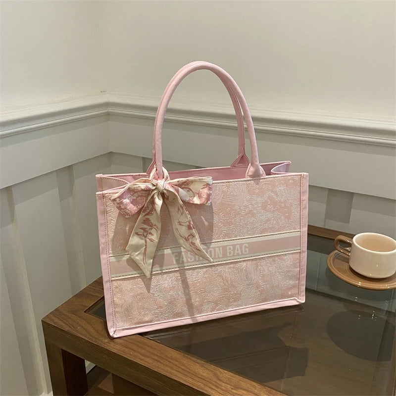 Luxury Elegant Women Tote Bag Embroid Bouquet Pattern PU Leather Tote Bag Letter Scarf Handbag for Commute Shopping