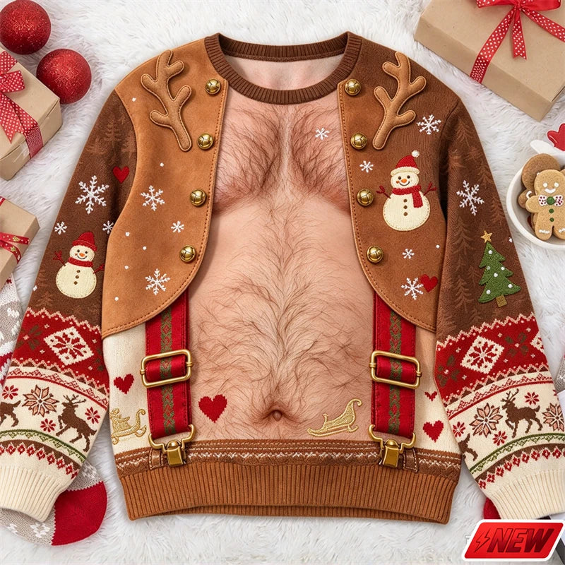 Xmas Sweatshirt Men Funny Cosplay 3D Print Fake Sweater Knit Reindeer Snowflake Pattern Festive Gift New Long Sleeve Sweatshirt