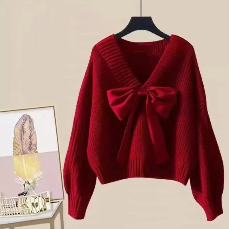 Big Bow Knitwear Sweater Pullover for Women Patchwork Red Christmas V-neck Batwing Sleeve Pullover Female Knit Elegant Pullove
