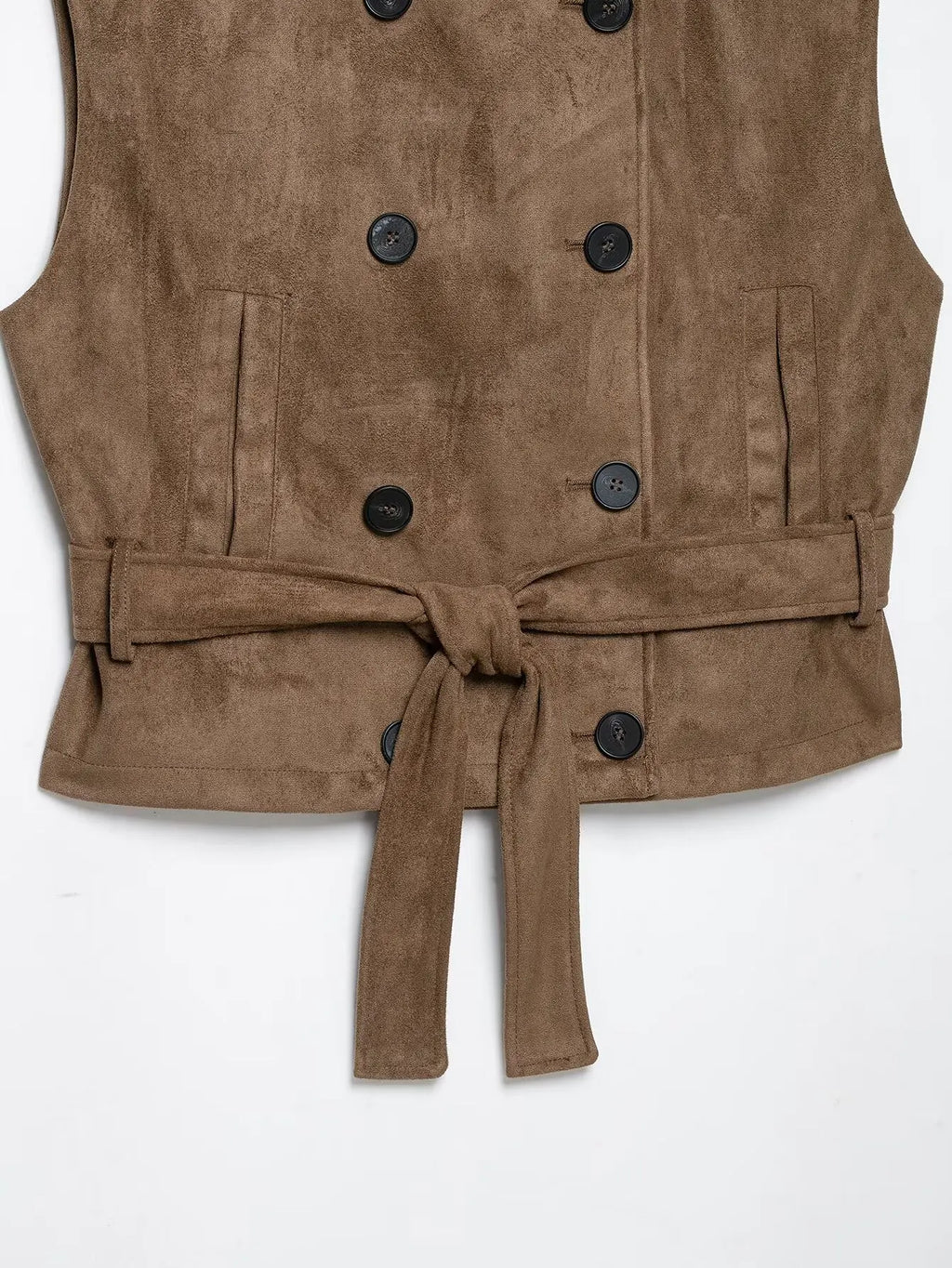 BSAY Vintage Faux Suede Waistcoat Women Double‑Breasted Stand Collar Shoulder Epaulets Sleeveless With Belt Cropped Casual Vest