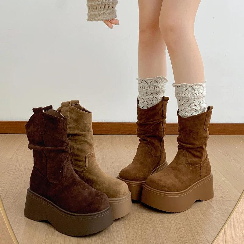 Chunky Platform Thick Sole Woman Ankle Boots Design Round Toe Slip On Shoes  2025 Autumn Winter Short Botas Para Mujer