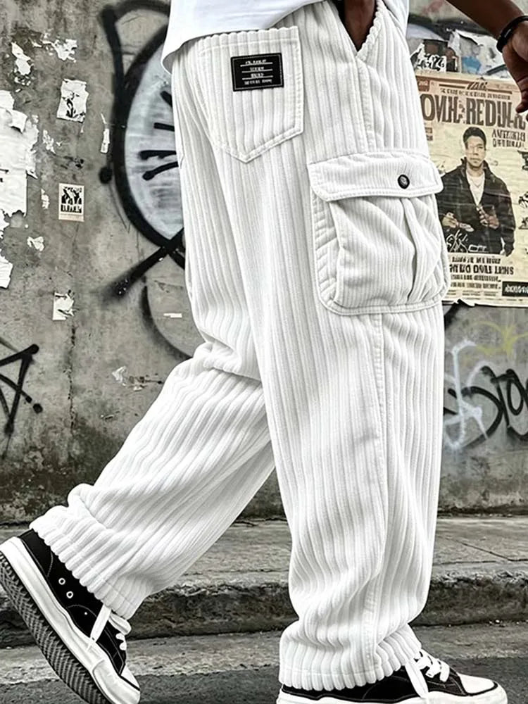 New Cargo Pants for Men Retro Style Men's Corduroy Cargo Pants with Multiple Pockets Mid-rise Solid Color Trousers for Wear Long