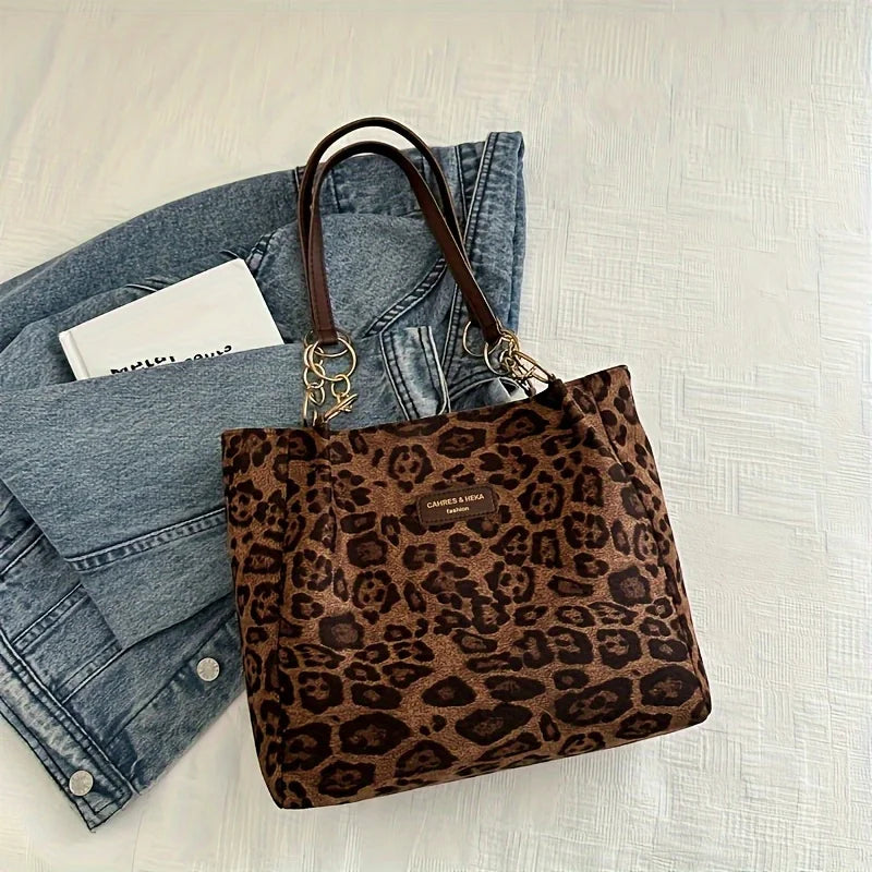 Vintage Leopard Print Handbag Stylish Brown PU Tote Shoulder Bag, Perfect for Women Shopping, Commuting, Office, College, Travel