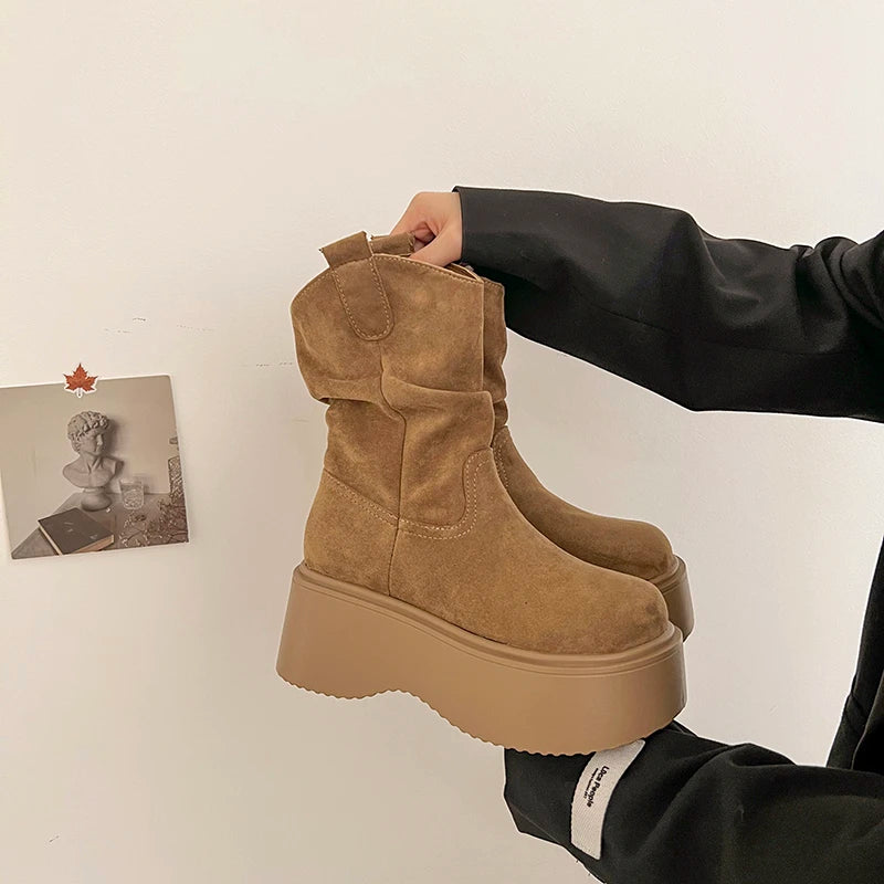 Chunky Platform Thick Sole Woman Ankle Boots Design Round Toe Slip On Shoes  2025 Autumn Winter Short Botas Para Mujer