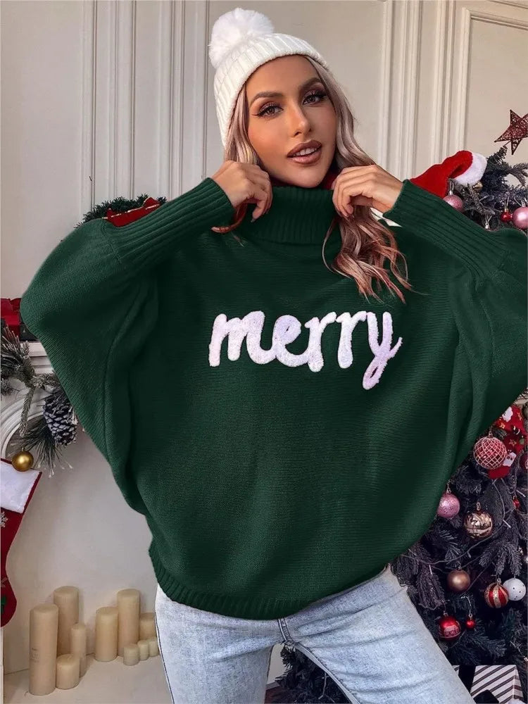 Women Christmas Letter Print Turtleneck Sweater Bat Sleeve Oversized Loose Knit Pullover Casual Autumn Winter Holiday Jumper