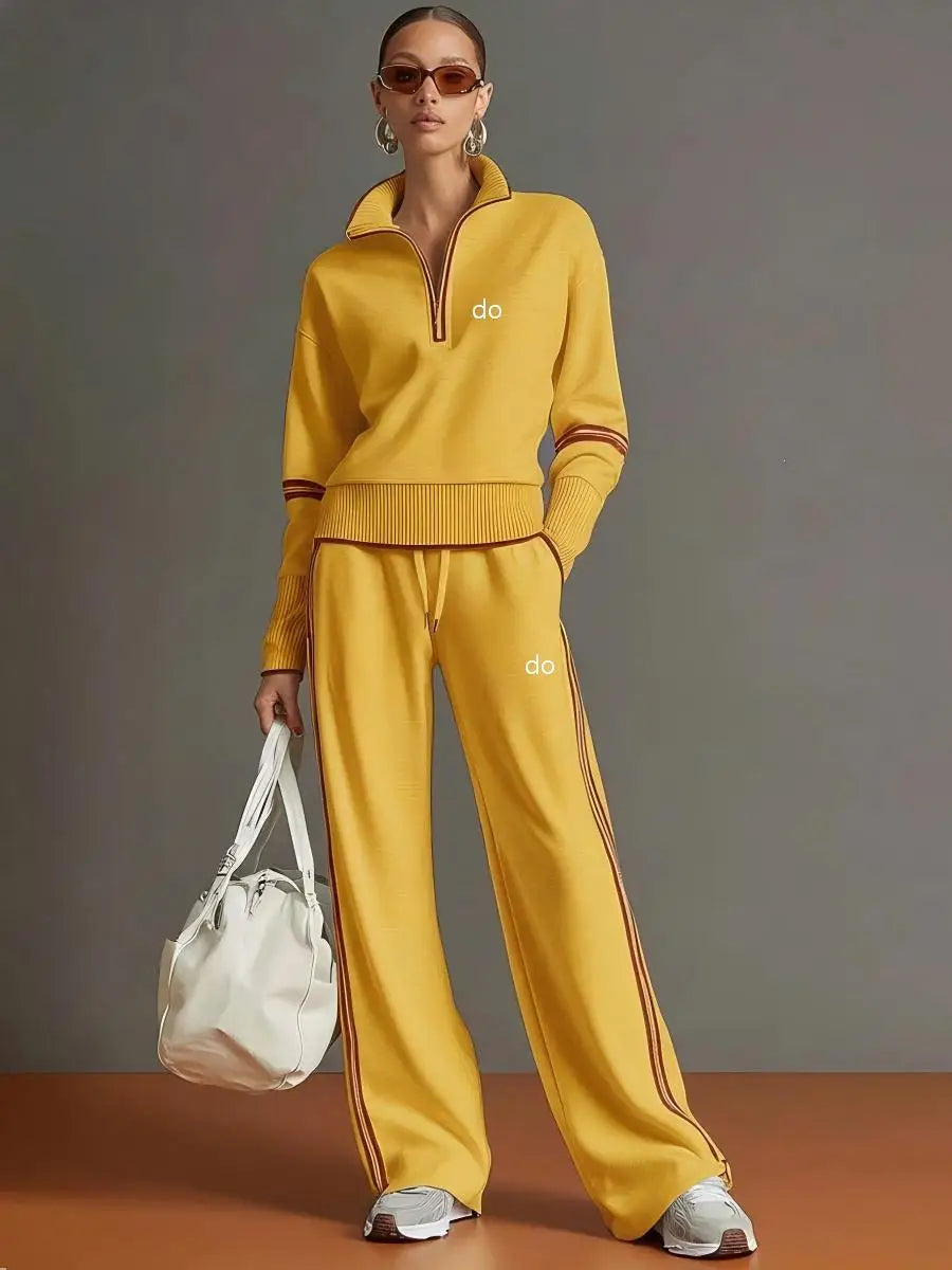 2026 Women's Casual Sports Set - European and American Fashion Color Contrast Stand up Hoodie - Wide Leg Pants Two Piece Set