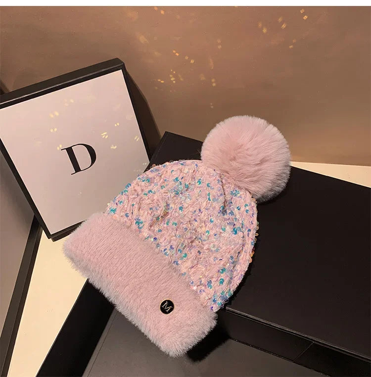 Winter Warm Knitted Hat Autumn/Winter Korean Versatile Glitter Sweet and Cute Dome Ear Protector Knitted Hat