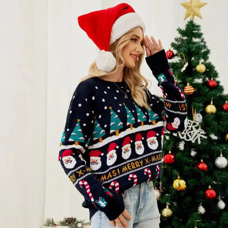 Christmas Snowman Pattern Round Neck Knitted Women's Long Sleeve Top Loose Oversized Thick Warm Cozy Daily Casual Winter Sweater