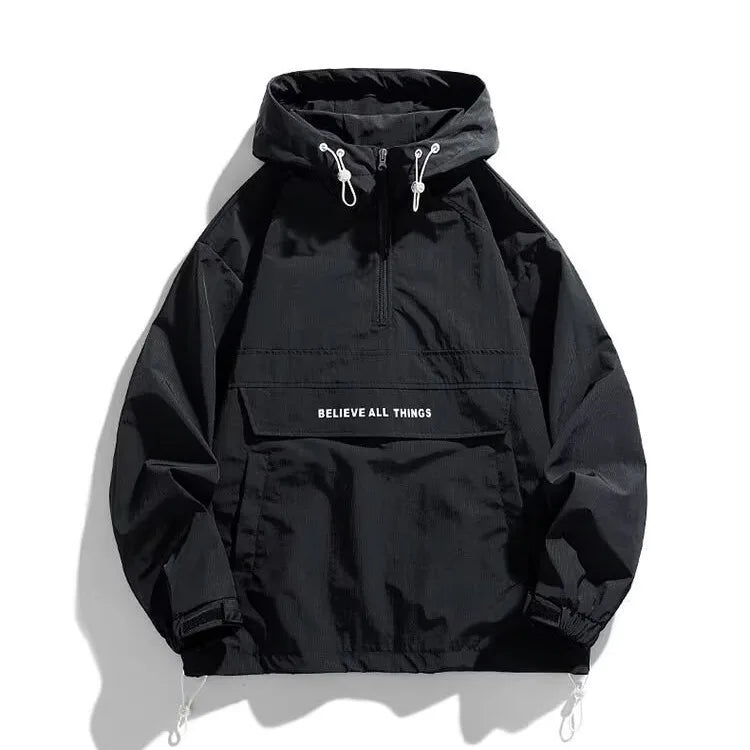 Hooded Pullover Jacket Men's Casual Windbreaker Jacket with Multiple Pockets Outdoor Sports Jacket Half Zip Hooded Hard Shell
