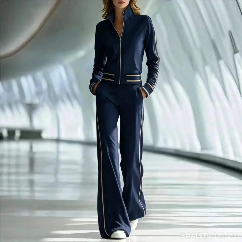 Fall Pocket 2-Piece Suit Women's Retro Stripes Zip Bomber Jacket+High Waist Women's Wide Leg Pants Set Street Sportswear Outfits