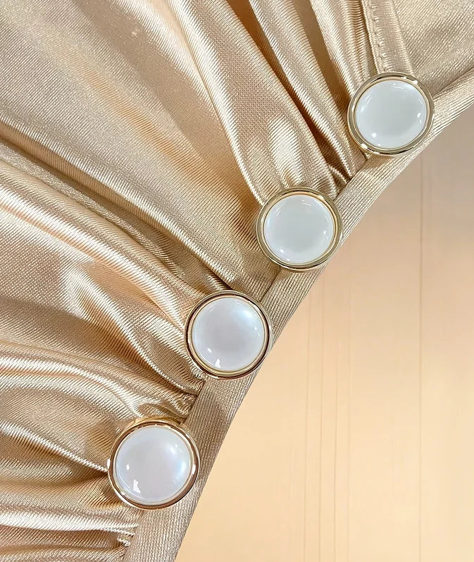 Women'S New V-Neck Short Sleeve Pleated Waist Button-Decorated Side Slit Fitted Dress Satin Dress Elegant Women'S Dress Champagn