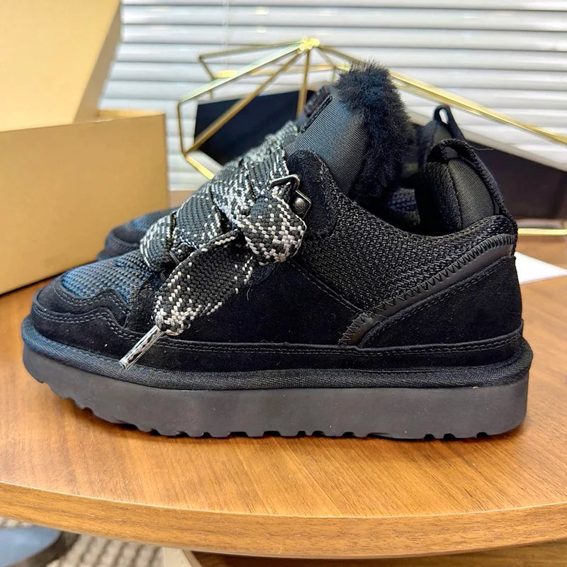Lowmel Sneakers 2026 New Winter Warm Wool Women's Boots Fashionable Flat Bottom Genuine Leather and Fur Snow Boots