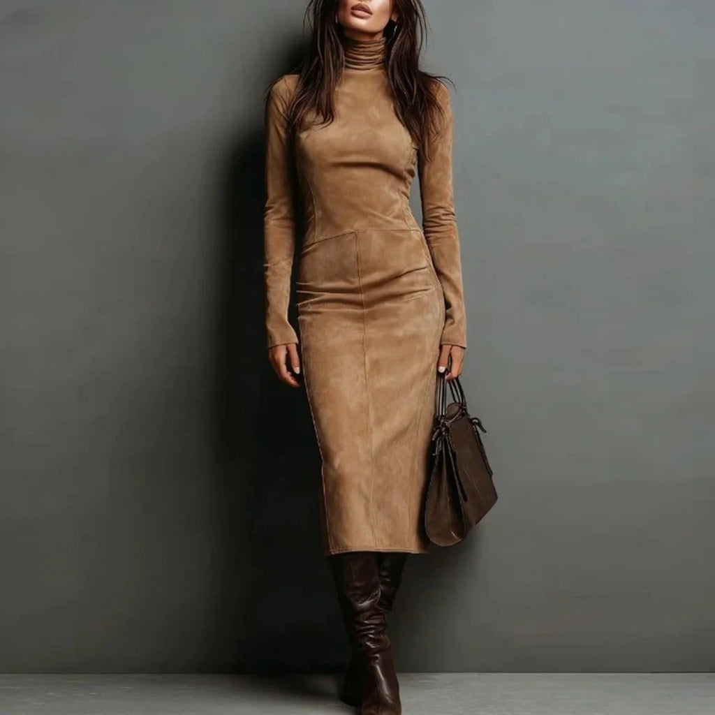 Hip Wrap Folds Collar Dress Spring Long Sleeved Half High O-Neck Collar Dresses Shin Retro Style Elegant Office Mid-Calf Robes