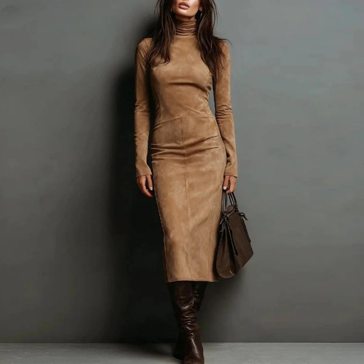 Hip Wrap Folds Collar Dress Spring Long Sleeved Half High O-Neck Collar Dresses Shin Retro Style Elegant Office Mid-Calf Robes